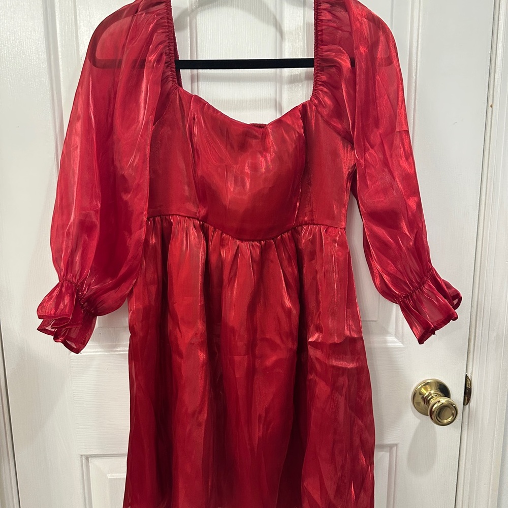 Red Sheer Puff-Sleeve Women’s Babydoll Dress❤️
